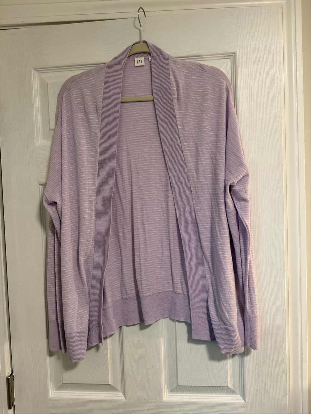 GAP Women's Open-Front Lavender Striped Cardigan Sweater- Lightweight- Large